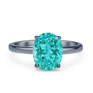 Solitaire Engagement Ring Oval Black Tone, Simulated Paraiba Tourmaline CZ 925 Sterling Silver